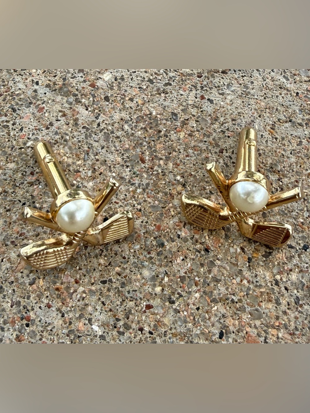 SWANK Gold Plate & Faux Pearl Golf Clubs & Ball Cufflinks Wedding Formal Vintage